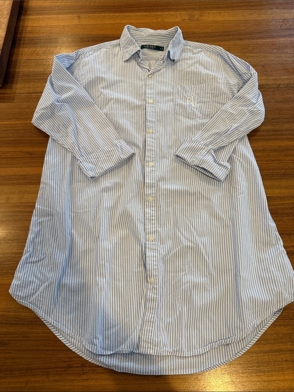 Lauren Ralph Lauren Cotton Sleep Shirt Size M Blue Stripe 3/4 Roll Sleeve